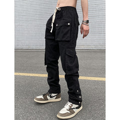 fall outfits men High Street Black Breasted Casual Pants Men's American Street Style Loose Straight Functional Overalls Fashionable Trousers