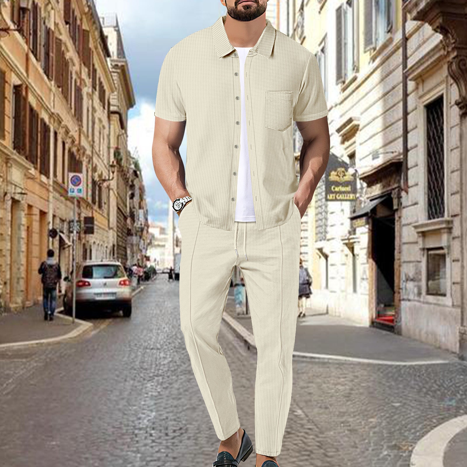 mens fall fashion 2024 New Men's Waffle Solid Color Short Sleeve Shirt Trousers Suit