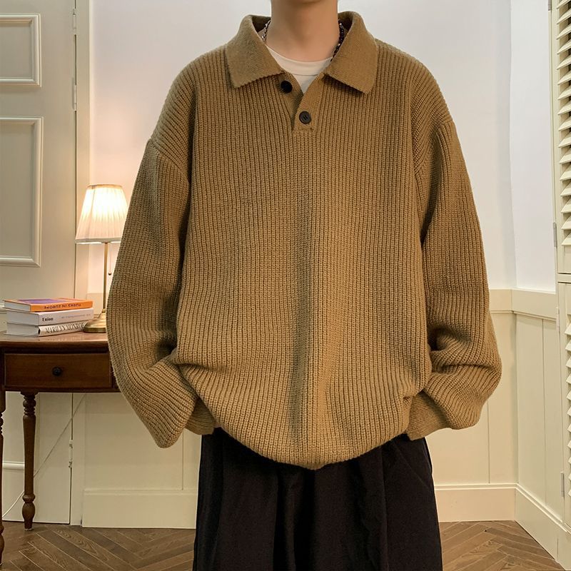 men fall outfits Japanese Style Lazy Polo Collar Sweater Men's American Retro Brown Oversize Inner Knitted