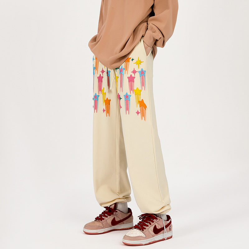 90s fashion men Graffiti Star Casual Pants Men's Spring American Retro Fashion Brand Straight Pants Loose All-Match Couple Wide-Leg Pants