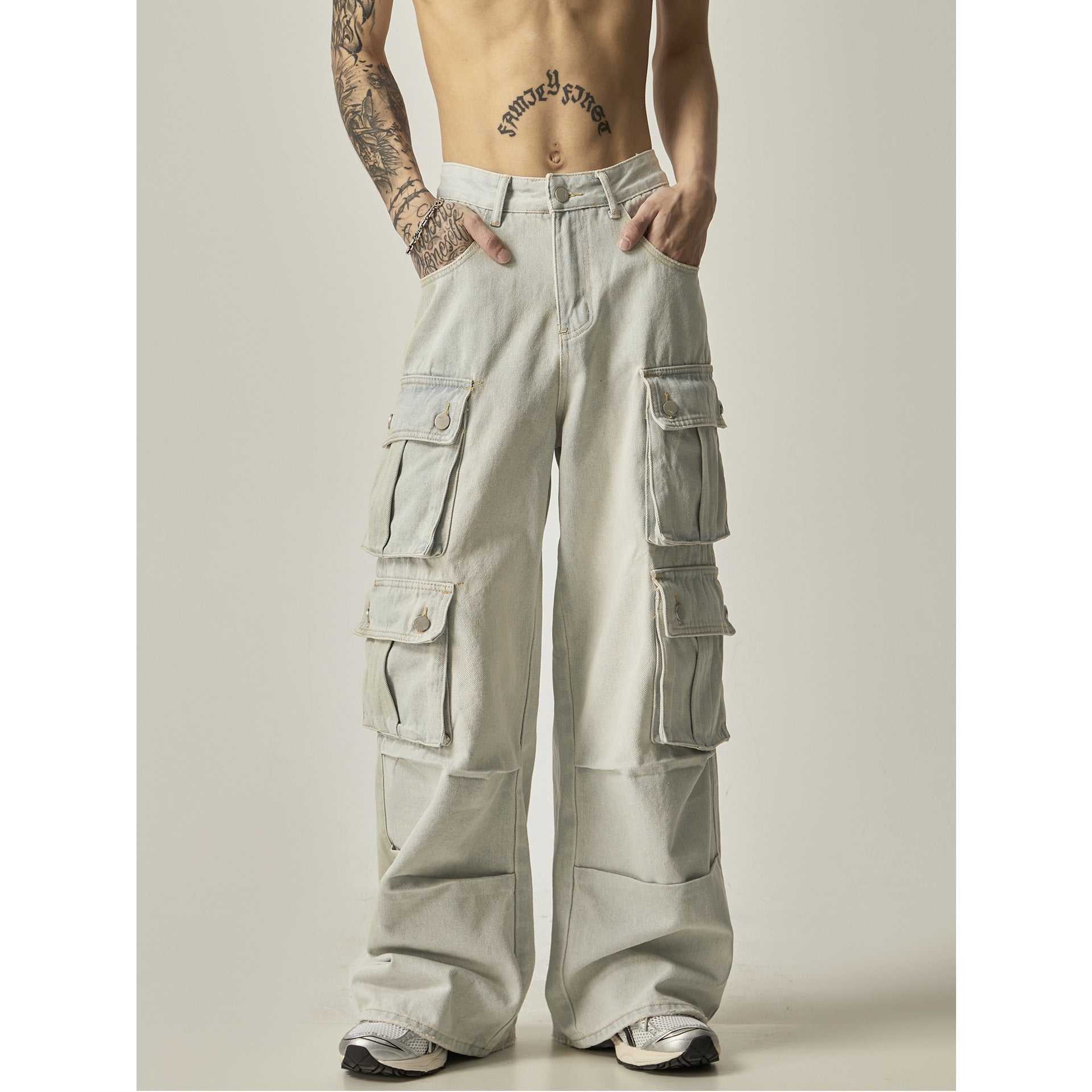 dti outfits American-Style Loose Wide-Leg Overalls Men's Multi-Pocket Niche High Street Retro Light-Colored Washed Jeans