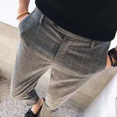 man outfit Summer Plaid Pants Men's Net Slim Fit Skinny Pants Thin Cropped Pants Slim Cropped Casual Suit Pants Men's Pants