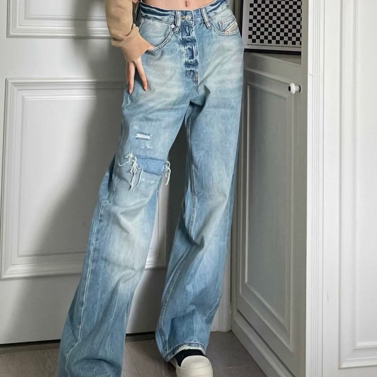 y2k outfits Jeans Men's Summer New American Retro Ripped Straight Pants Washed Loose Wide Leg Casual Trousers