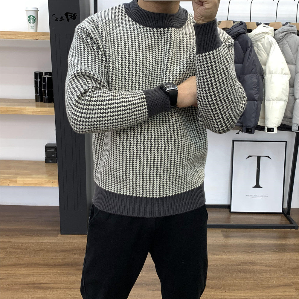 90s fashion men round Neck Bottoming Pullover Slim-Fit Thickened Sweater Plaid Top Autumn and Winter Trendy Long-Sleeved Sweater Men's Versatile New