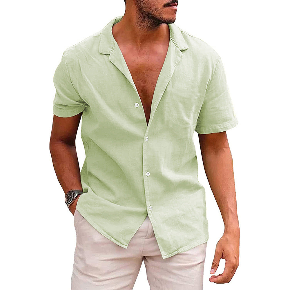 boy outfits Summer Lapel Solid Color Short-Sleeved Shirt Button Men's Cotton and Linen Shirt Men's Clothing