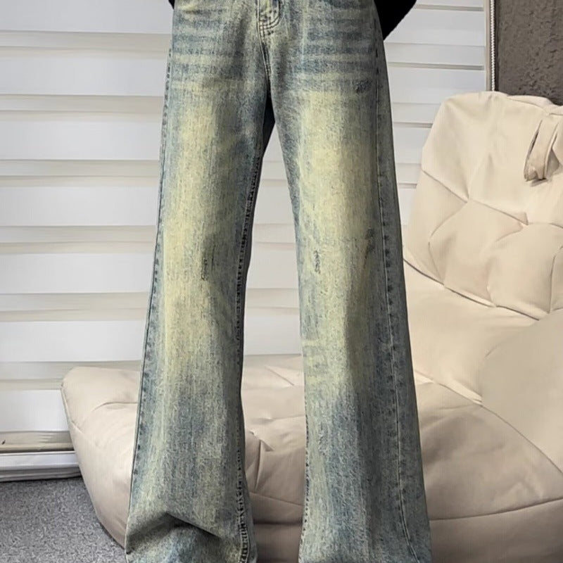 90s streetwear American High Street Vintage Washed Distressed Jeans Men's Retro Micro-Pull Straight Slimming Long Pants Fashion