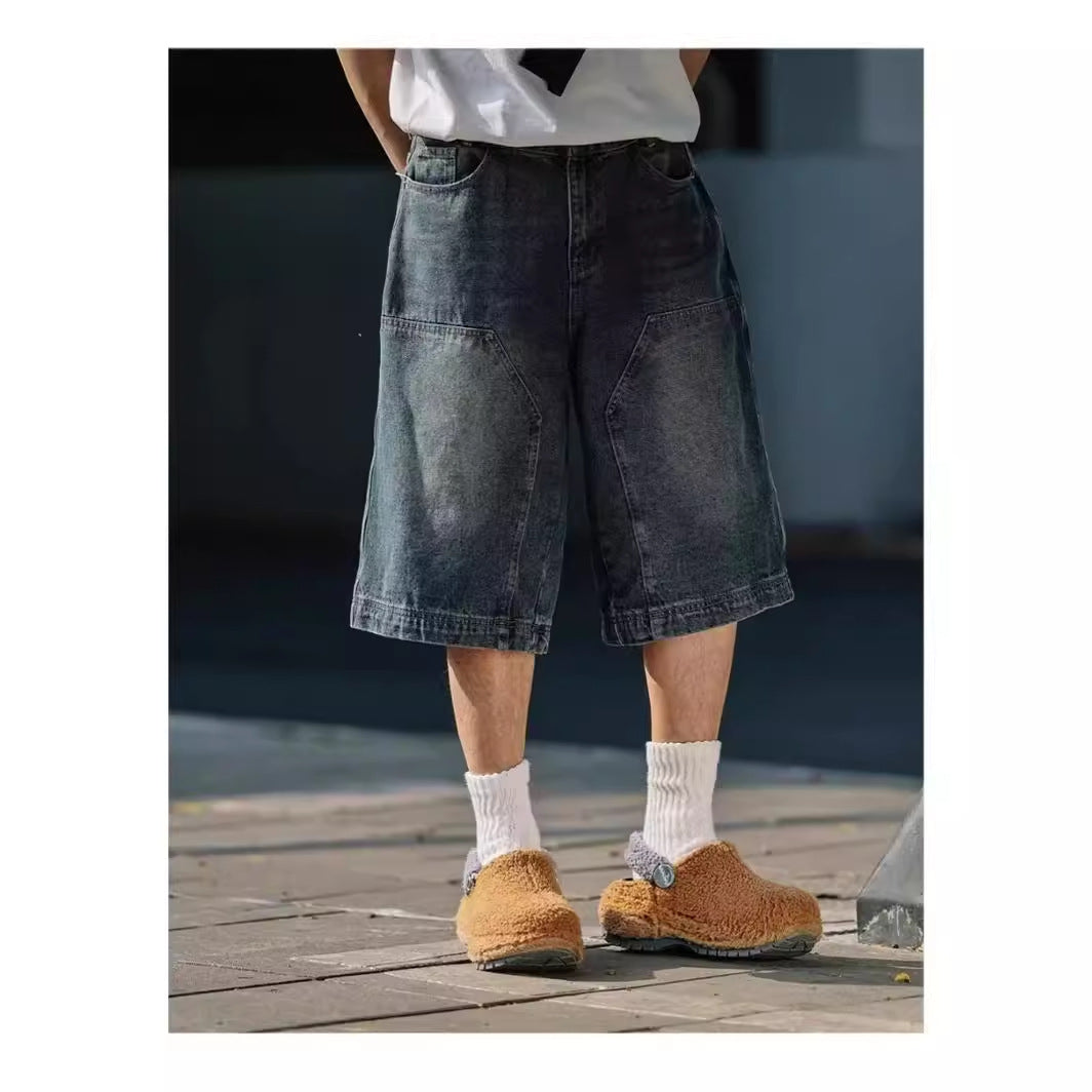 2000s fashion Men's Jeans Summer Thin American Retro High Street 7 Pants Loose Straight Casual Washed Middle Pants