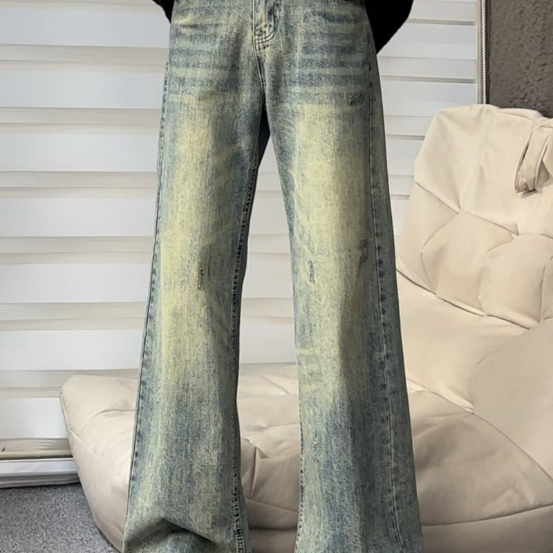 90s streetwear American High Street Vintage Washed Distressed Jeans Men's Retro Micro-Pull Straight Slimming Long Pants Fashion