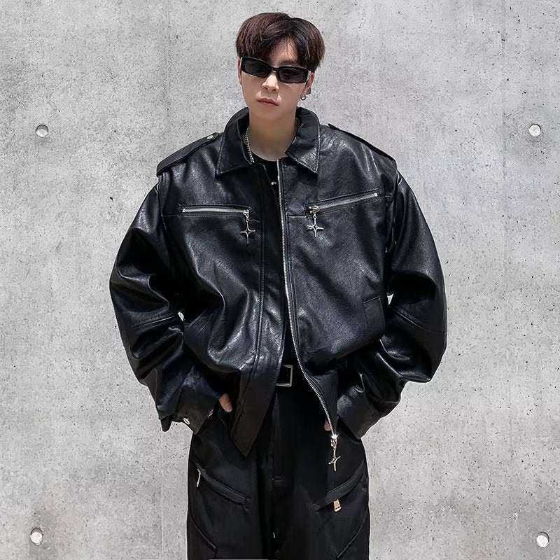 techwear outfits Autumn New High Street Zipper Decoration Personalized Retro Lapel Flight Suit Top PU Leather Men's Jacket Jacket