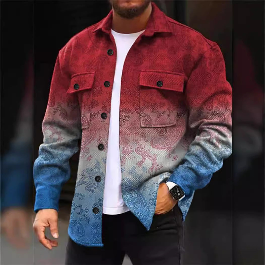 mens fall fashion New Autumn and Winter Long-Sleeved Pocket Men's Jacket Men's Lapel Ethnic Style Long-Sleeved Shirt Button Sweater