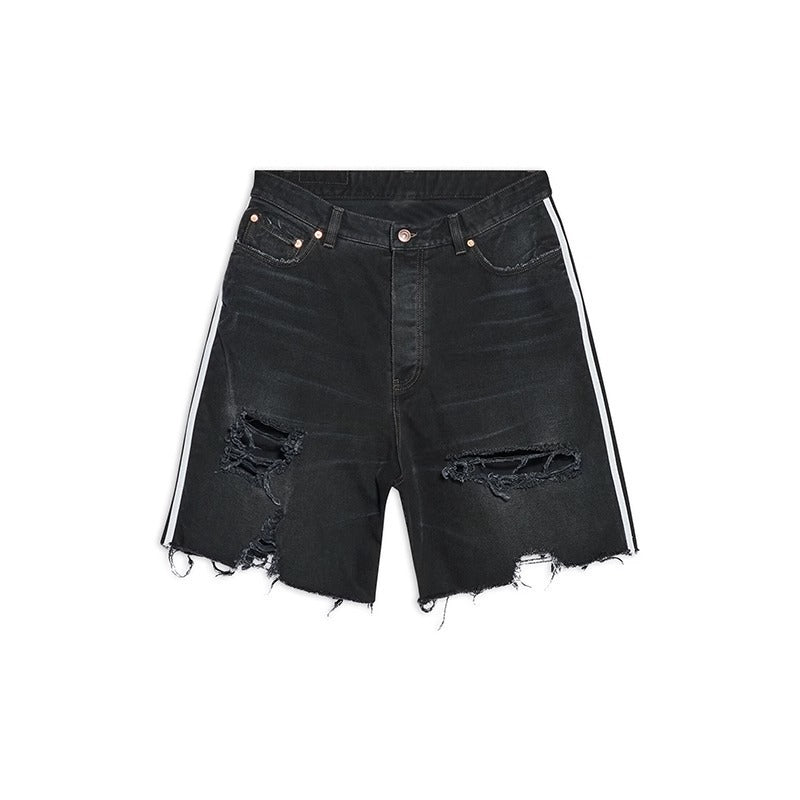 black men streetwear High Street Distressed Ripped Shorts Men's Three Bars Fashion Brand Washed Straight Shorts Couple