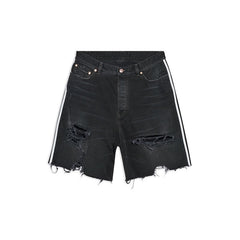 black men streetwear High Street Distressed Ripped Shorts Men's Three Bars Fashion Brand Washed Straight Shorts Couple