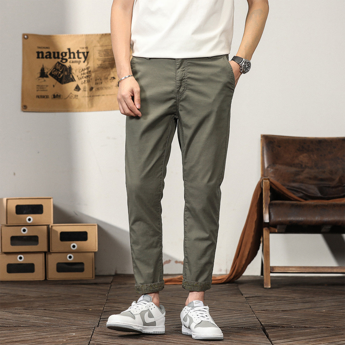 business casual men Casual Pants Men's Autumn Thin Slim Straight Trousers Hong Kong Style Trendy Simple Tapered Ankle-Length Business Trousers