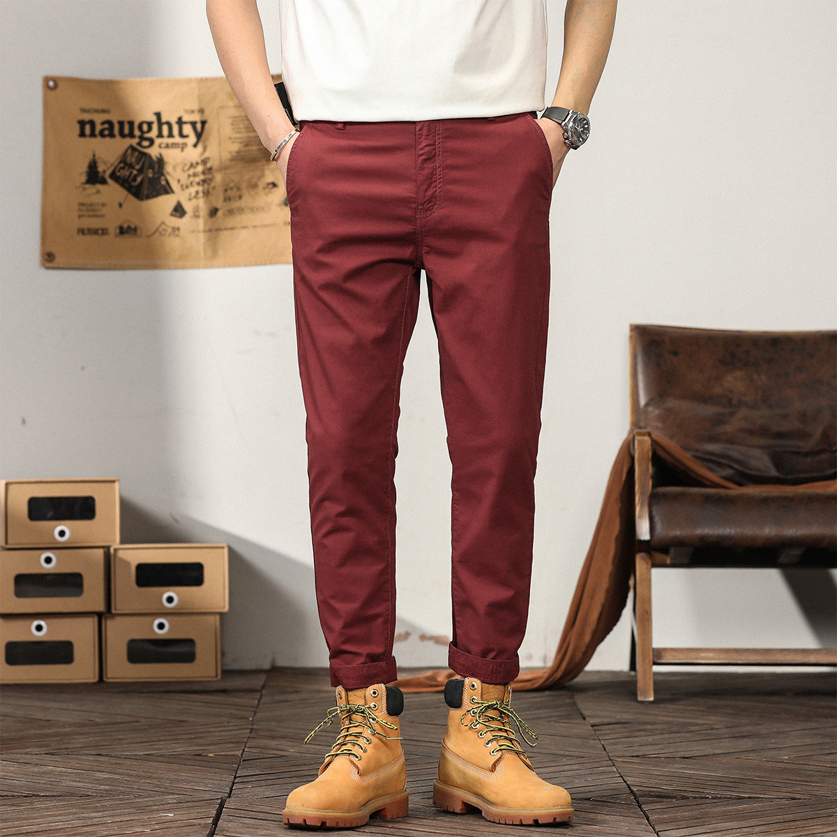 business casual men Casual Pants Men's Autumn Thin Slim Straight Trousers Hong Kong Style Trendy Simple Tapered Ankle-Length Business Trousers