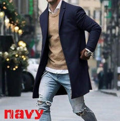 men’s style Autumn and Winter New Solid Color Men's Mid-Length Woolen Coat Slim plus Size Single-Breasted Trench Coat