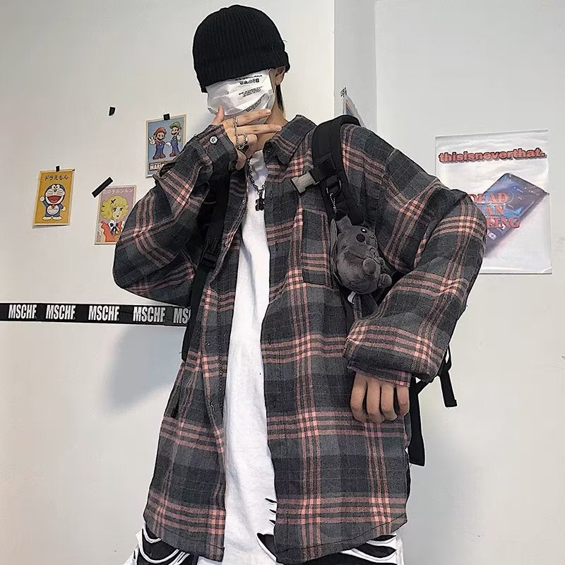 black men streetwear Plaid Shirt Men's Long Sleeve Spring and Autumn Loose Retro Trendy Lazy Style Korean Style Ruan Handsome Inner Short Sleeve Shirt Jacket