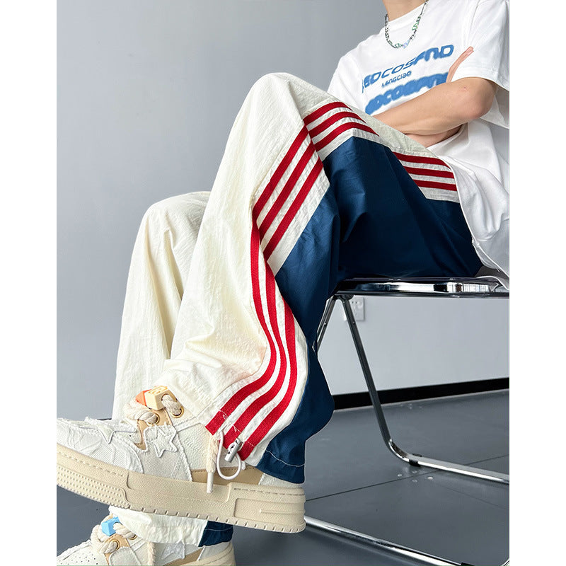 90s fashion men Ice Silk Quick-Drying Three-Bar Pants Men's Autumn American Design Sense Niche Color Matching Straight Loose Casual Sports Pants