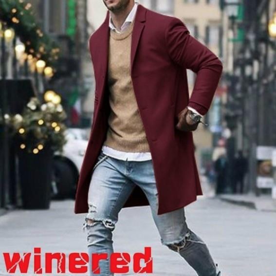 men’s style Autumn and Winter New Solid Color Men's Mid-Length Woolen Coat Slim plus Size Single-Breasted Trench Coat