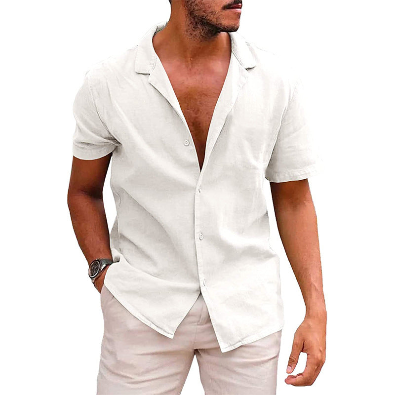 boy outfits Summer Lapel Solid Color Short-Sleeved Shirt Button Men's Cotton and Linen Shirt Men's Clothing