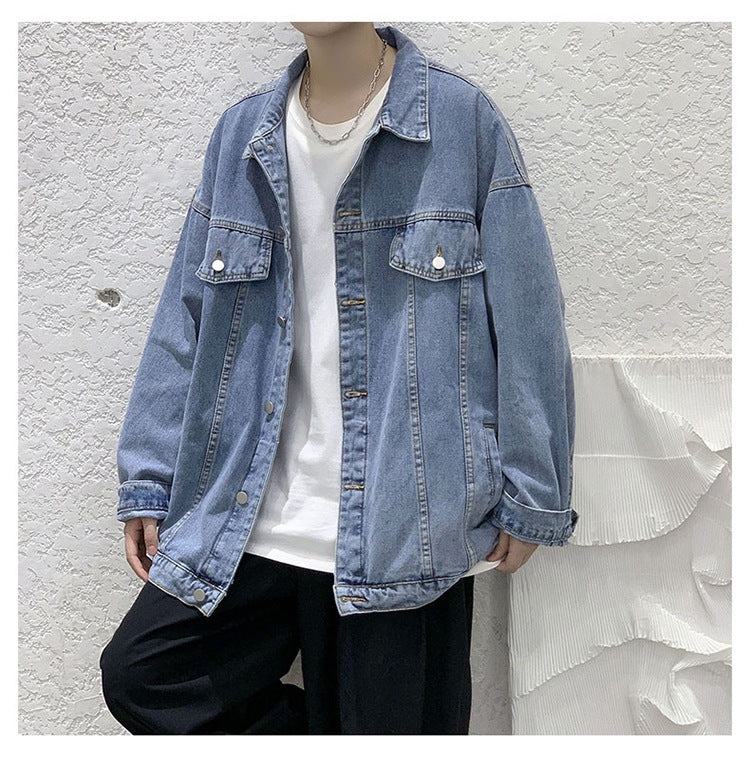 90s fashion men Denim Coat Men's Loose Spring and Autumn New Jacket Korean Style Simple Solid Color Trendy Casual Lapel Cardigan Top Clothes