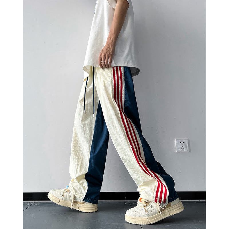 90s fashion men Ice Silk Quick-Drying Three-Bar Pants Men's Autumn American Design Sense Niche Color Matching Straight Loose Casual Sports Pants