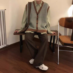 man outfit 2024 Autumn and Winter Loose American Fashion All-Matching Brown Vintage Knitted Cardigan Vest Sweater Vest Men's Japanese Style