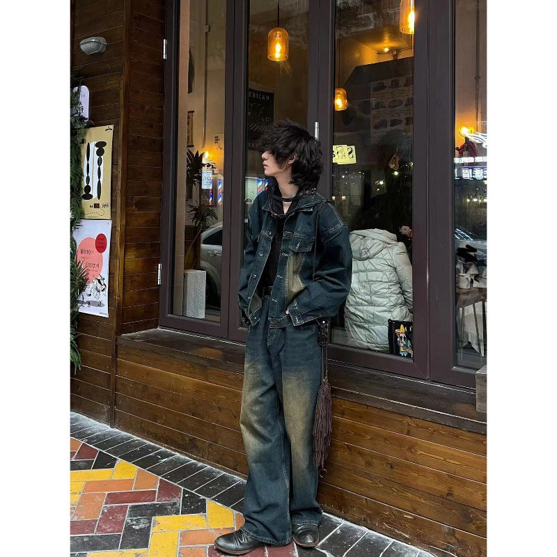 90s fashion men American High Street Retro Distressed Washed Denim Suit Men's and Women's Gradient Color Jacket Ruan Handsome Wide Leg Trousers Two-Piece Set