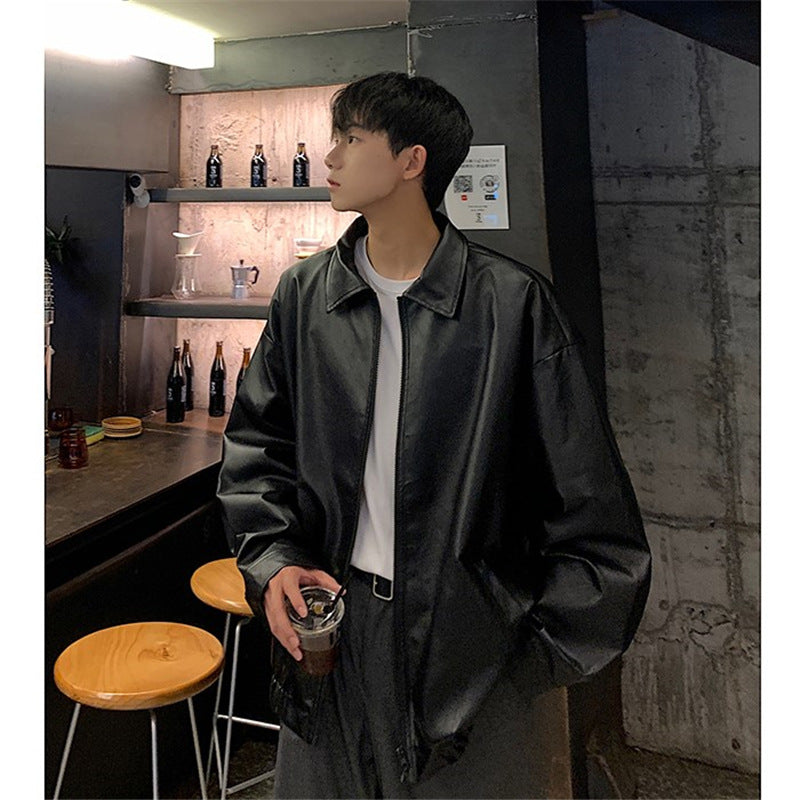 boy outfits Leather Coat Men's Autumn Loose Oversize American Retro PU Leather Jacket