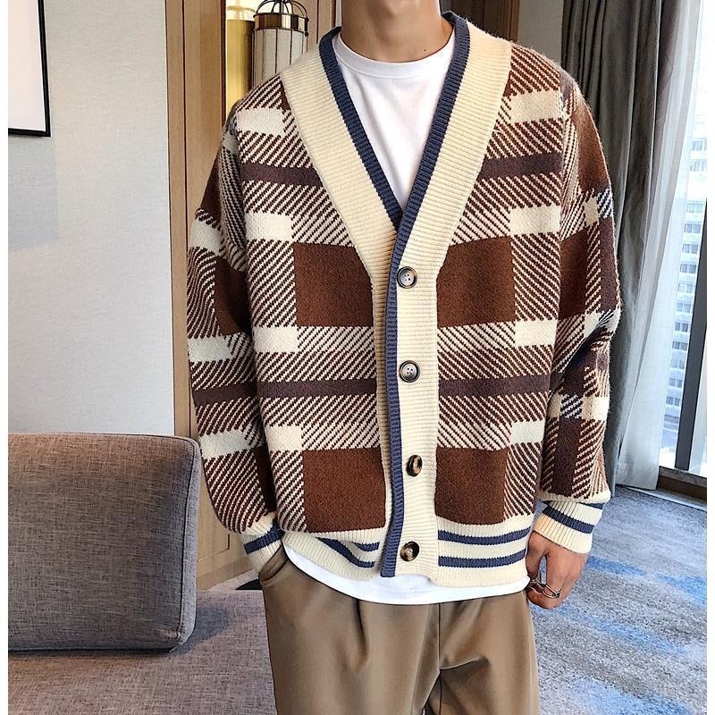 men fall outfits Salt Spring and Autumn Simple Design Plaid Knitted Sweater Men's Ins Retro Casual Cardigan Coat Top