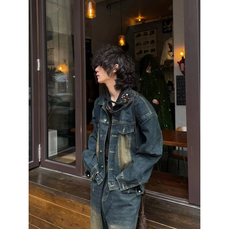 90s fashion men American High Street Retro Distressed Washed Denim Suit Men's and Women's Gradient Color Jacket Ruan Handsome Wide Leg Trousers Two-Piece Set