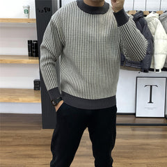 90s fashion men round Neck Bottoming Pullover Slim-Fit Thickened Sweater Plaid Top Autumn and Winter Trendy Long-Sleeved Sweater Men's Versatile New