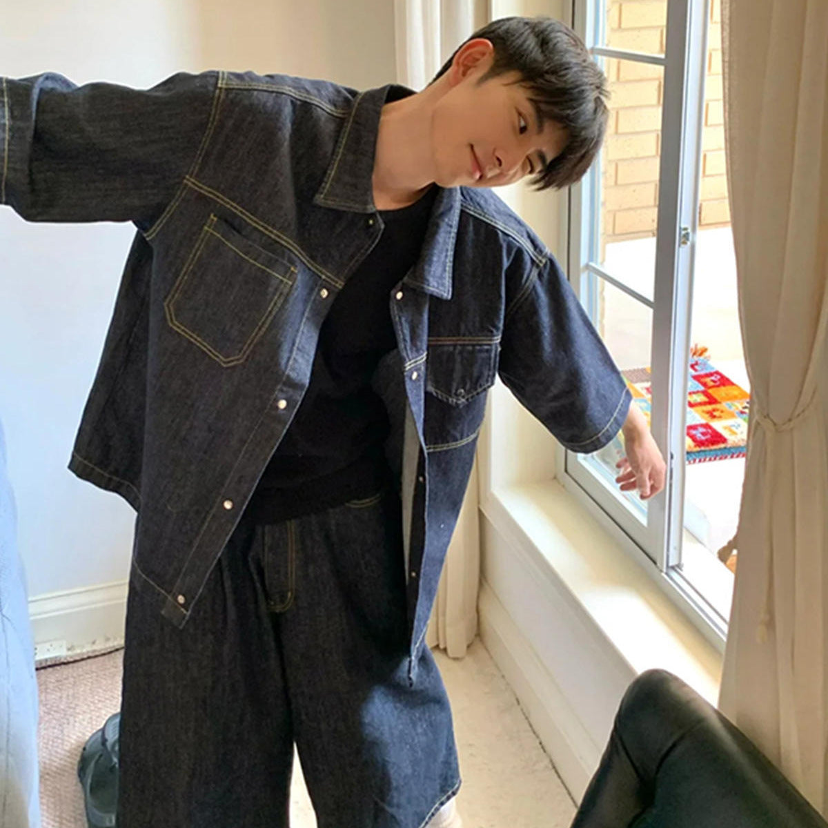 90s fashion men Summer New Denim Suit Men's American Street Loose Casual Dark Blue Shirt Wide Leg Cropped Pants Two-Piece Set