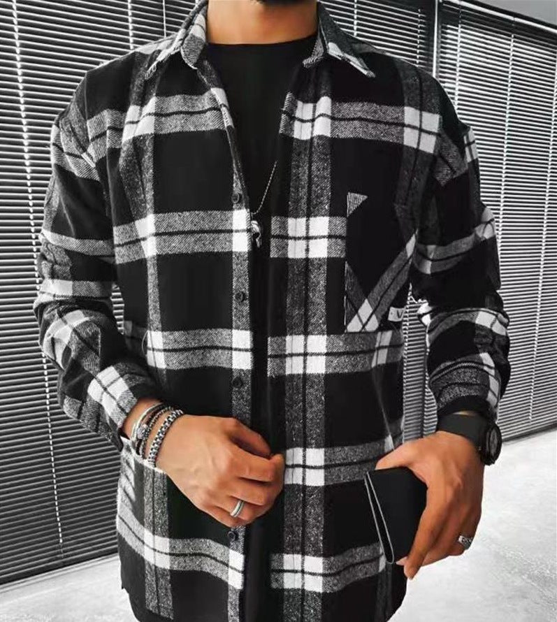 men fall outfits New Spring and Autumn New Long-Sleeved Blue and White Plaid Long-Sleeved Shirt Casual Stand Collar Pocket Shirt for Men