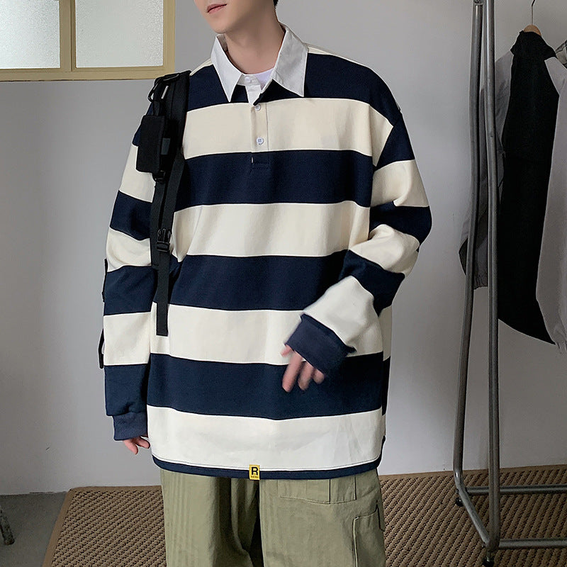 90s streetwear Spring New Long-Sleeved T-shirt Men's Versatile Striped Loose Polo Shirt Korean Style Trendy Lapel Sweater Bottoming Shirt