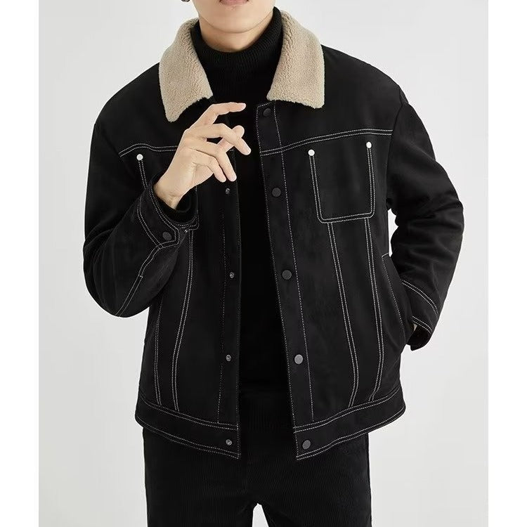 men winter outfits Suede Jacket Men's Short Autumn and Winter Thickened Workwear Korean Style Trendy Casual Woolen Lamb Wool Jacket Men