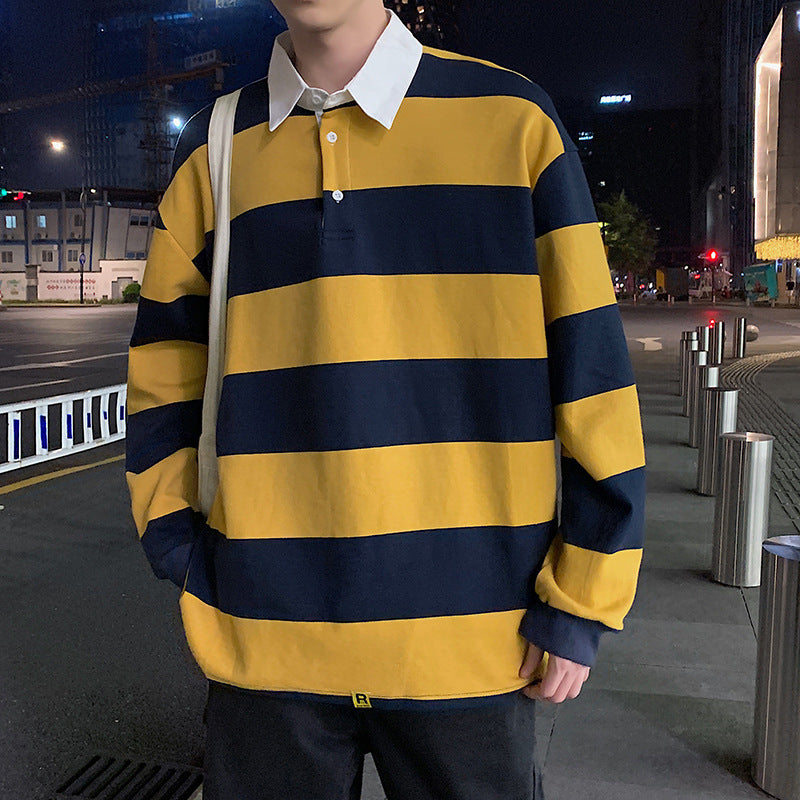 90s streetwear Spring New Long-Sleeved T-shirt Men's Versatile Striped Loose Polo Shirt Korean Style Trendy Lapel Sweater Bottoming Shirt