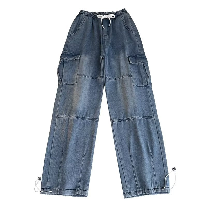 skater boy outfits Japanese Men's Loose Three-Dimensional Pocket Jeans Fashionable New Retro Distressed Wash Tooling Shrink Leg Pants