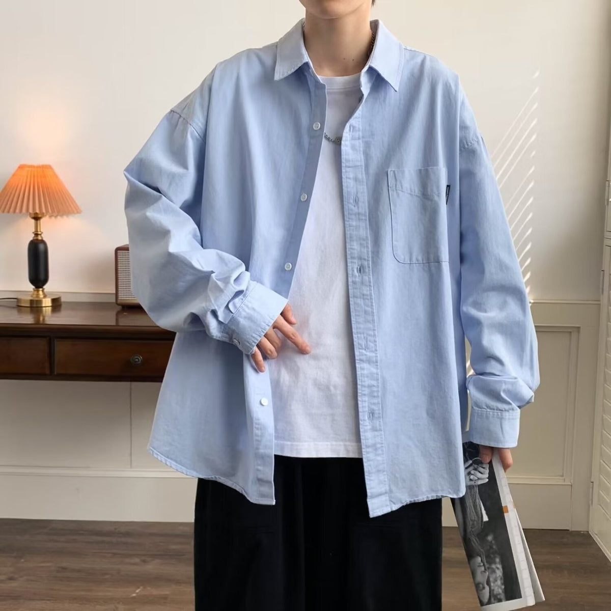 outfits for men Japanese Solid Color Long-Sleeved Shirt Men's Niche Design Sense Stacked Lapel Shirt Coat for Teenagers