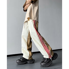 90s fashion men Ice Silk Quick-Drying Three-Bar Pants Men's Autumn American Design Sense Niche Color Matching Straight Loose Casual Sports Pants