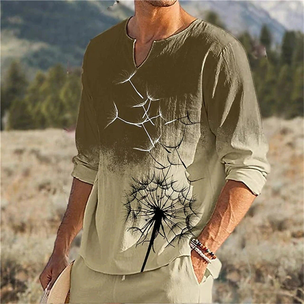 mens fall fashion New Style Small V-neck Long-Sleeved Men's Graffiti Muscle Casual Slim Pullover T-shirt