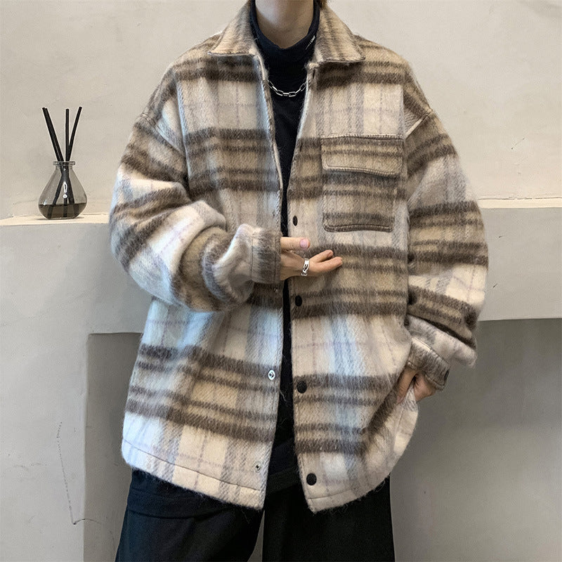 guys fashion casual Chanel Style Thickened Woolen Coat Men's Autumn and Winter Design Fashion Brand Loose Warm Plaid Jacket Stand Collar Cotton-Padded Jacket