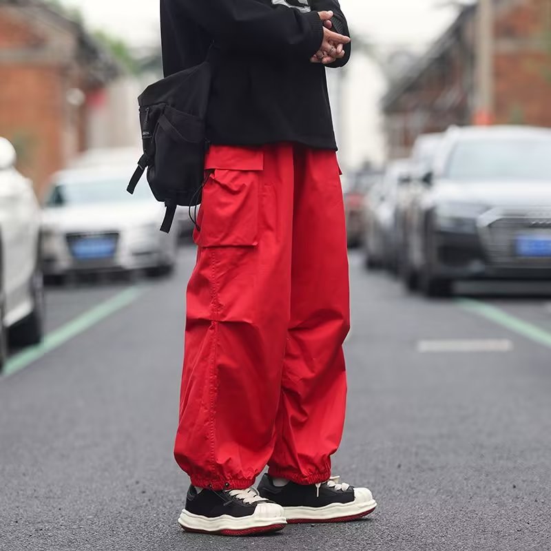 masc outfits Overalls Men's Spring and Autumn High Street Ins Cotton Loose Straight Pants Neutral Style Drawstring Ankle-Tied Casual Pants