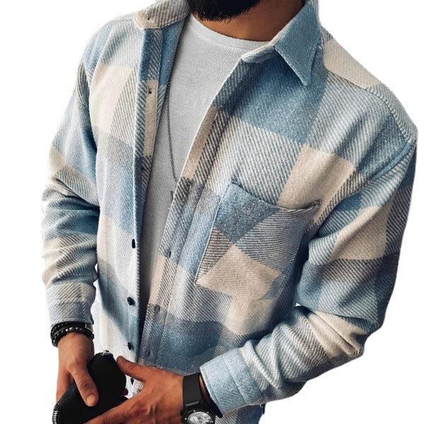 men fall outfits New Spring and Autumn New Long-Sleeved Blue and White Plaid Long-Sleeved Shirt Casual Stand Collar Pocket Shirt for Men