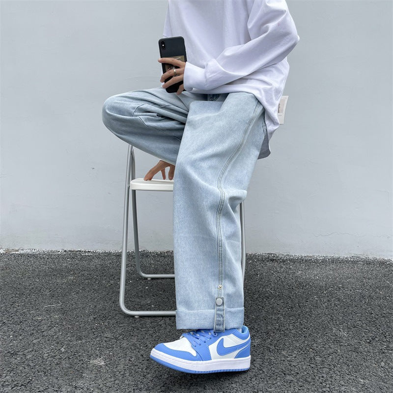 boy outfits Spring and Summer Trendy Men's Jeans Loose Straight Casual Draping Wide-Leg Hong Kong Style Cropped Sports Long Pants