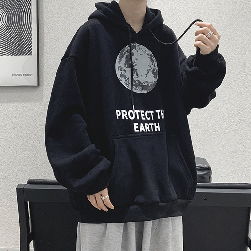 boy outfits American Sweater Men's Spring and Autumn Loose Retro Printed Hooded Hong Kong Style All-Match Casual Couple Coat Top