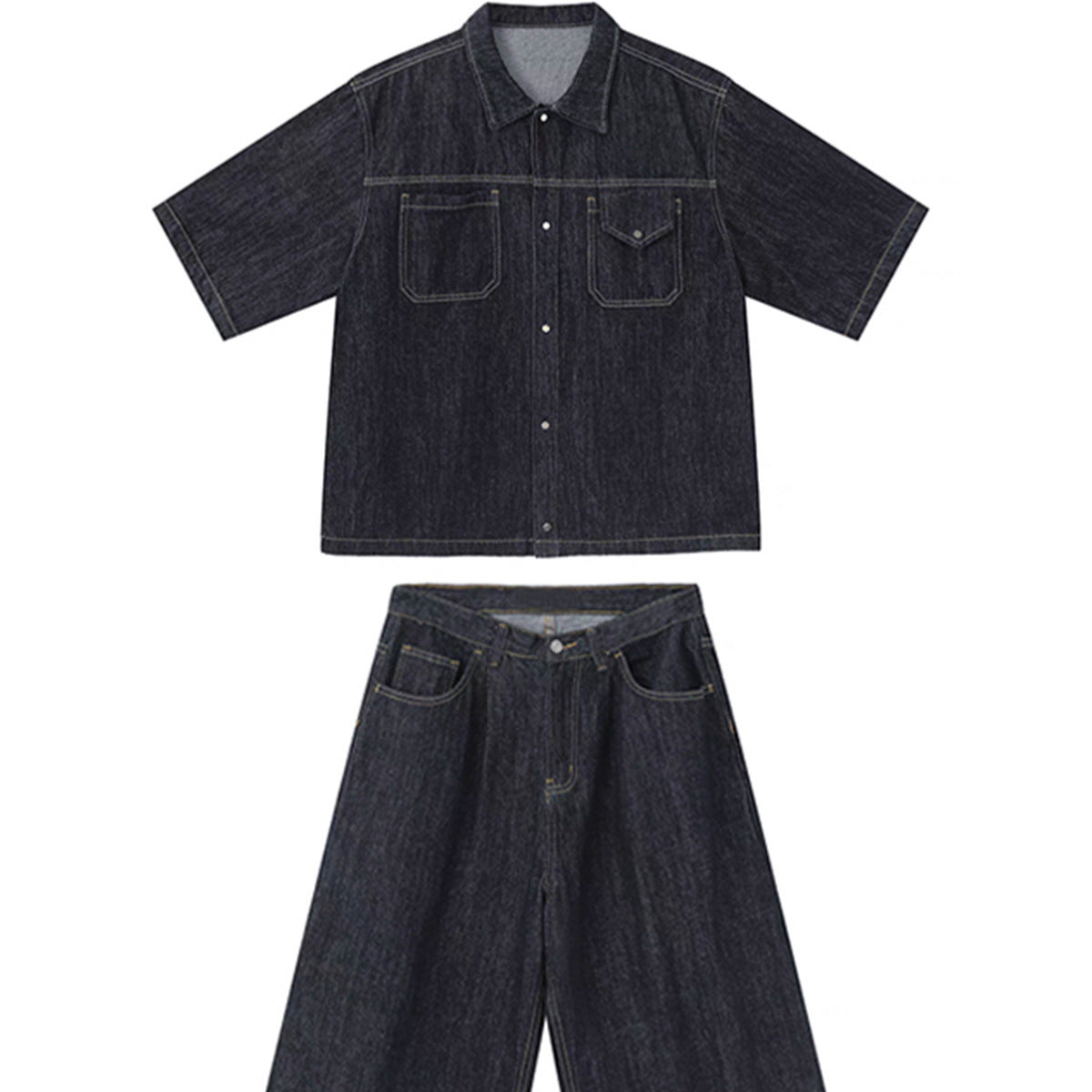 90s fashion men Summer New Denim Suit Men's American Street Loose Casual Dark Blue Shirt Wide Leg Cropped Pants Two-Piece Set