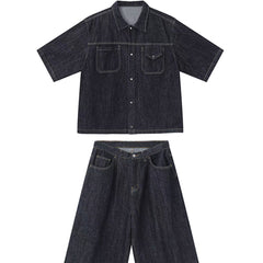 90s fashion men Summer New Denim Suit Men's American Street Loose Casual Dark Blue Shirt Wide Leg Cropped Pants Two-Piece Set