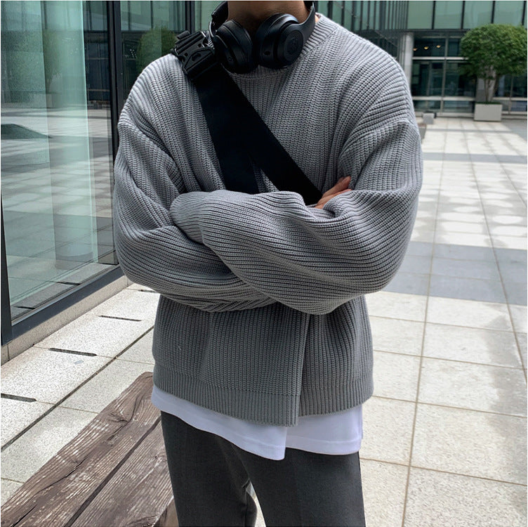 starboy outfit Korean Style round Neck Sweater Autumn and Winter Men's Dongdaemun Loose Pullover Sweater Basic Versatile Trendy Men's Sweater Drop Shoulder