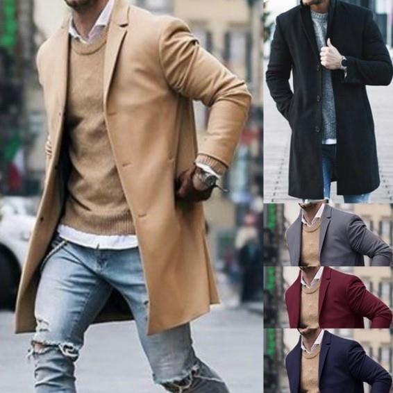 men’s style Autumn and Winter New Solid Color Men's Mid-Length Woolen Coat Slim plus Size Single-Breasted Trench Coat