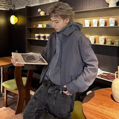 men fall outfits High-End Dark Pleated Simple Zipper Jacket Men's Korean-Style Trendy Ins Loose Lapel Textured Top Daily